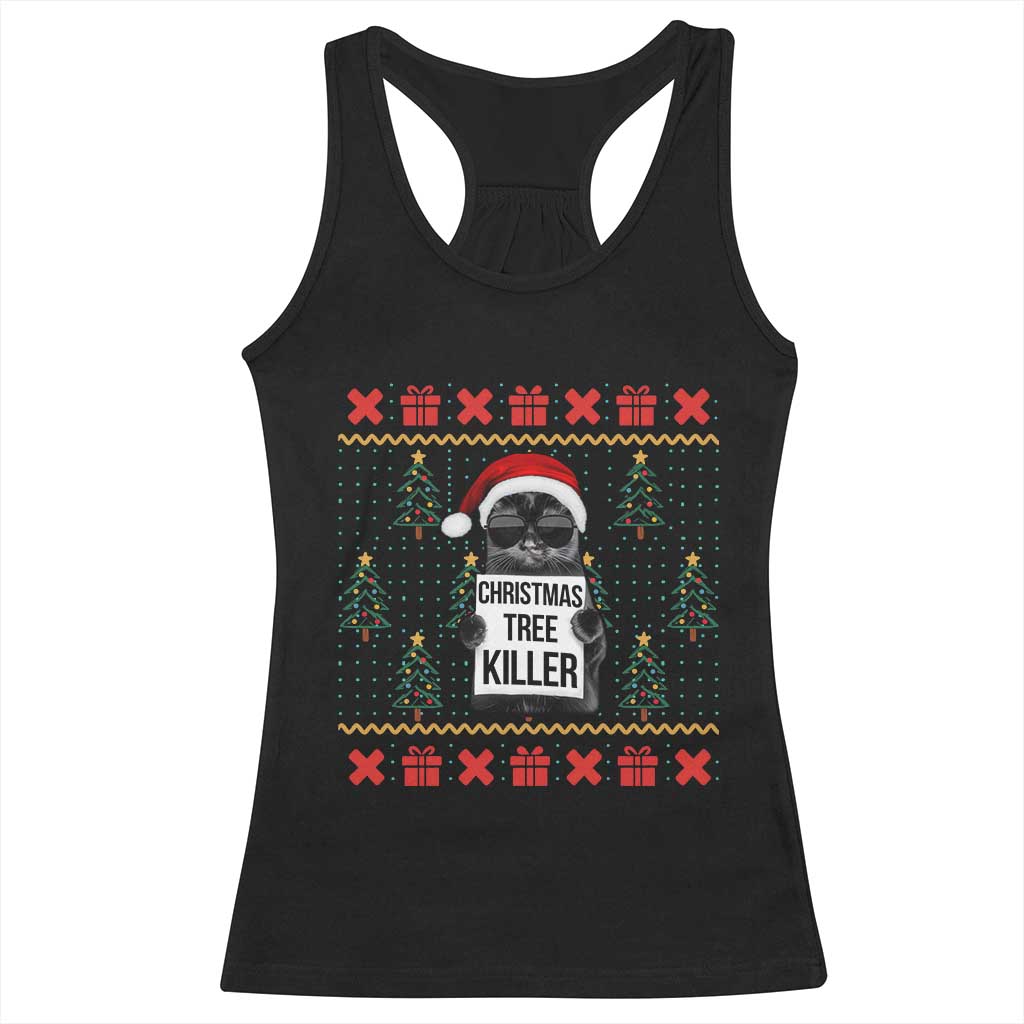 Funny Xmas Black Cat Racerback Tank Top Christmas Tree Killer Santa Kitten - Wonder Print Shop