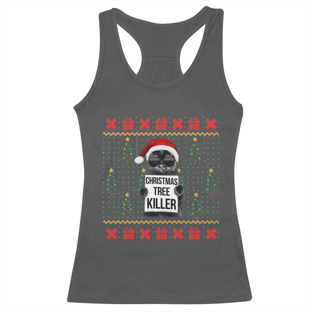 Funny Xmas Black Cat Racerback Tank Top Christmas Tree Killer Santa Kitten - Wonder Print Shop