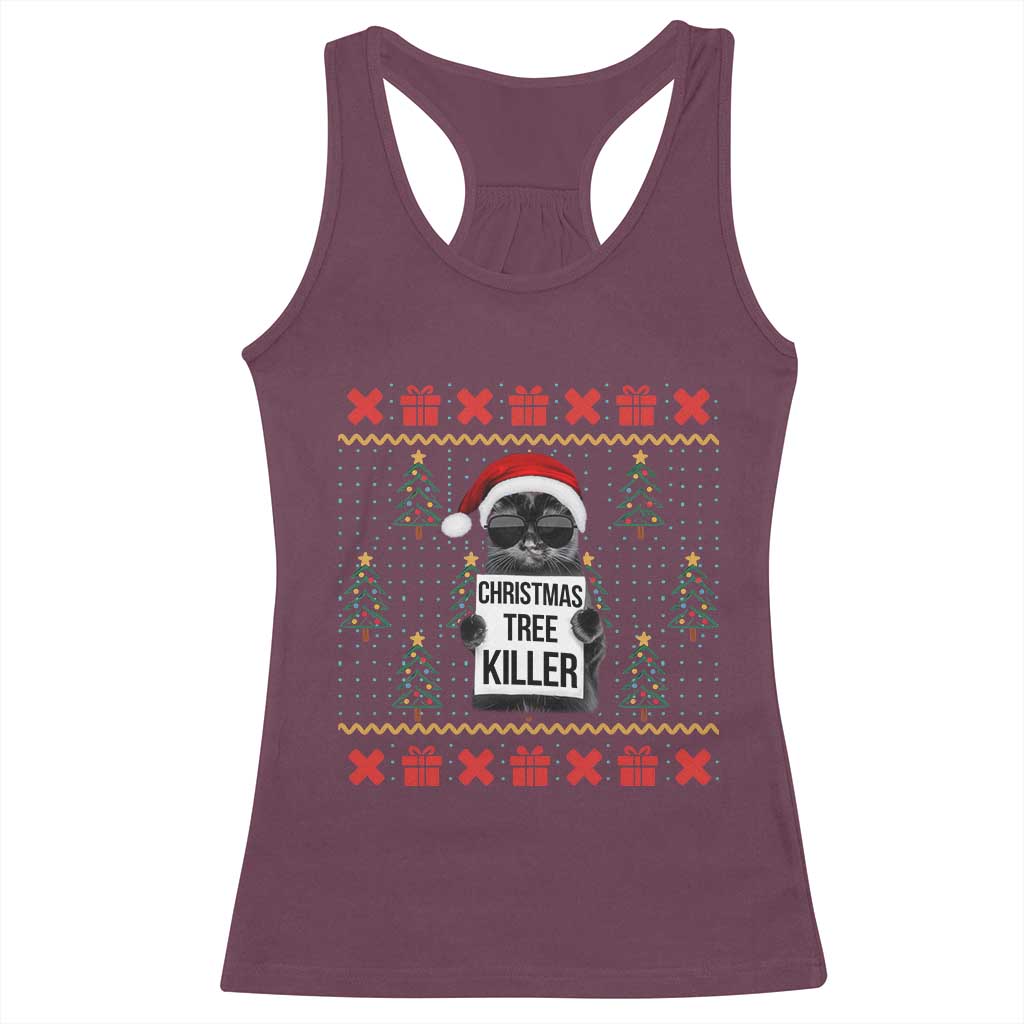 Funny Xmas Black Cat Racerback Tank Top Christmas Tree Killer Santa Kitten - Wonder Print Shop