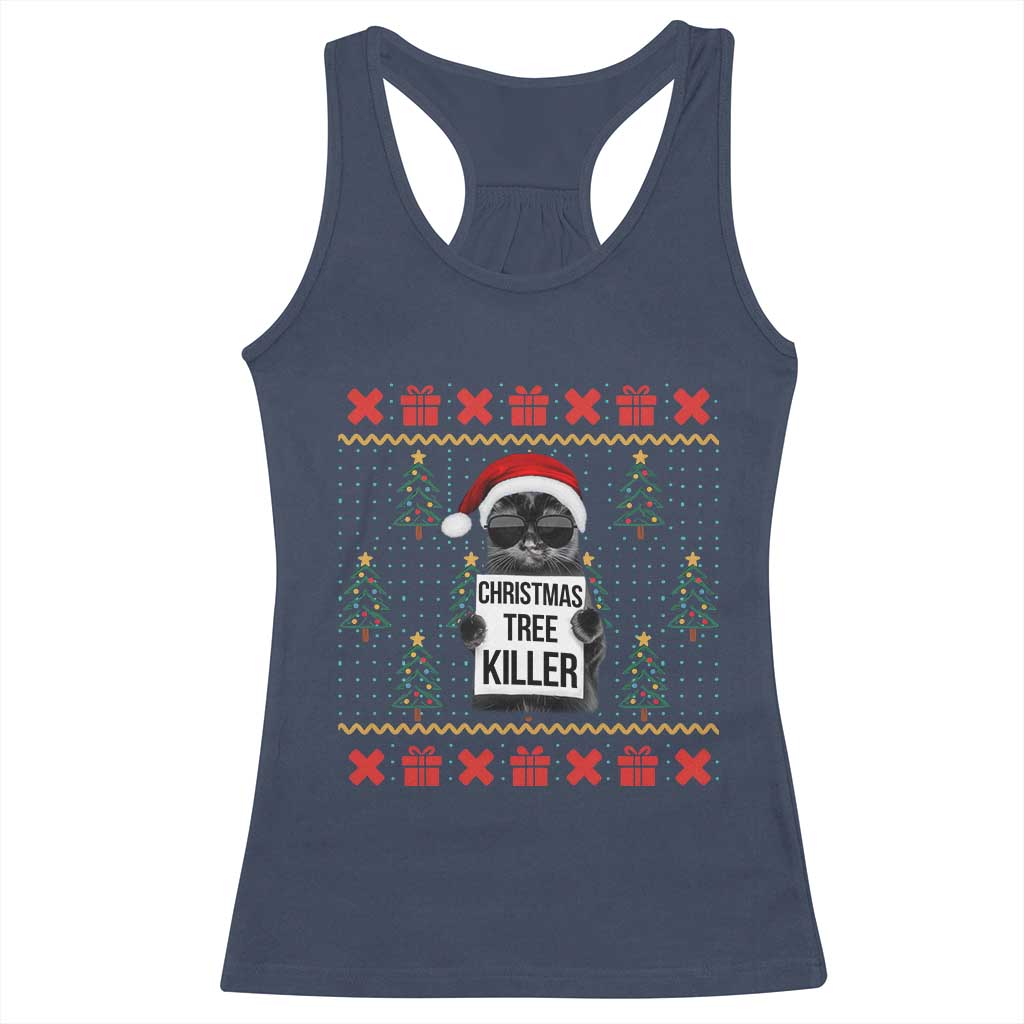 Funny Xmas Black Cat Racerback Tank Top Christmas Tree Killer Santa Kitten - Wonder Print Shop