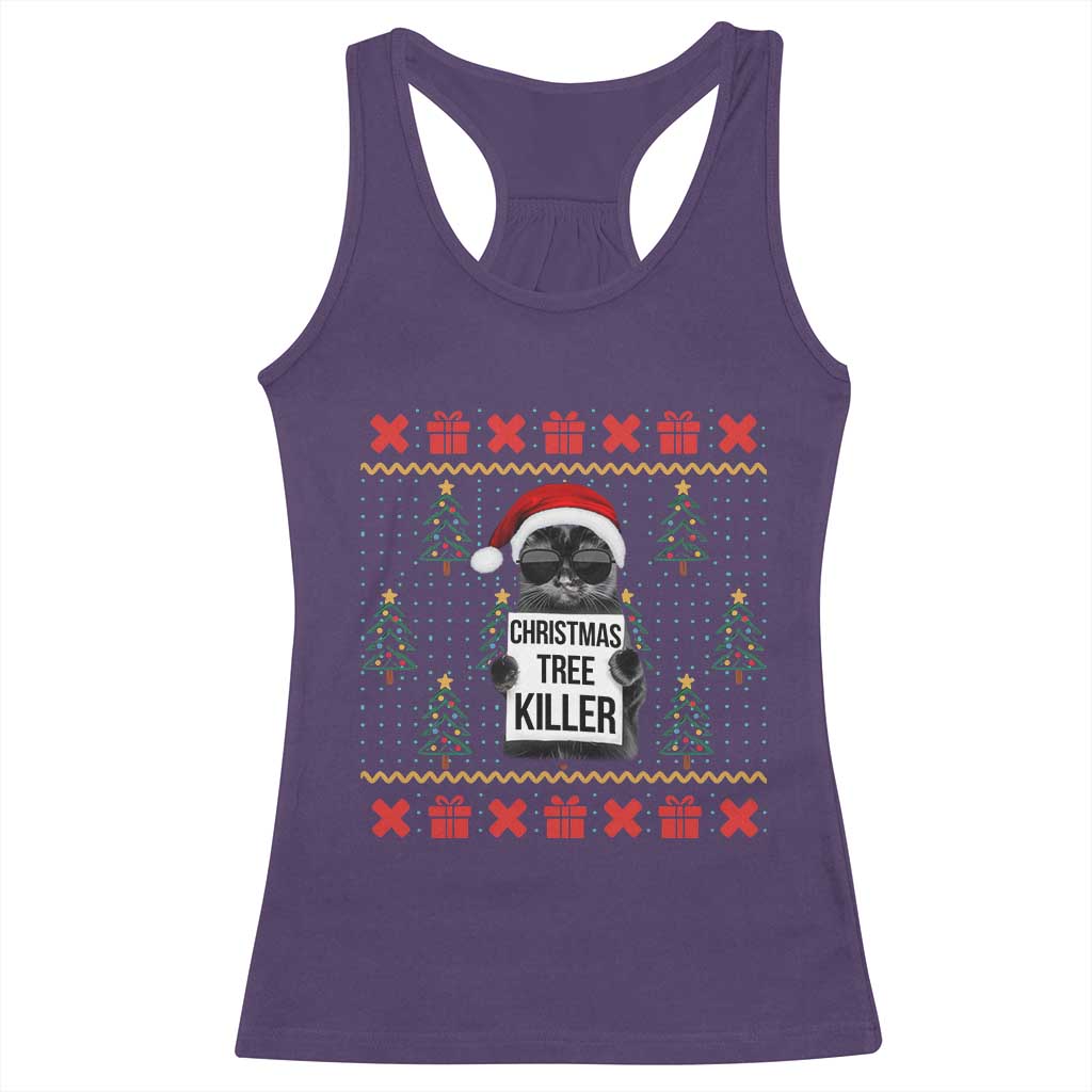 Funny Xmas Black Cat Racerback Tank Top Christmas Tree Killer Santa Kitten - Wonder Print Shop
