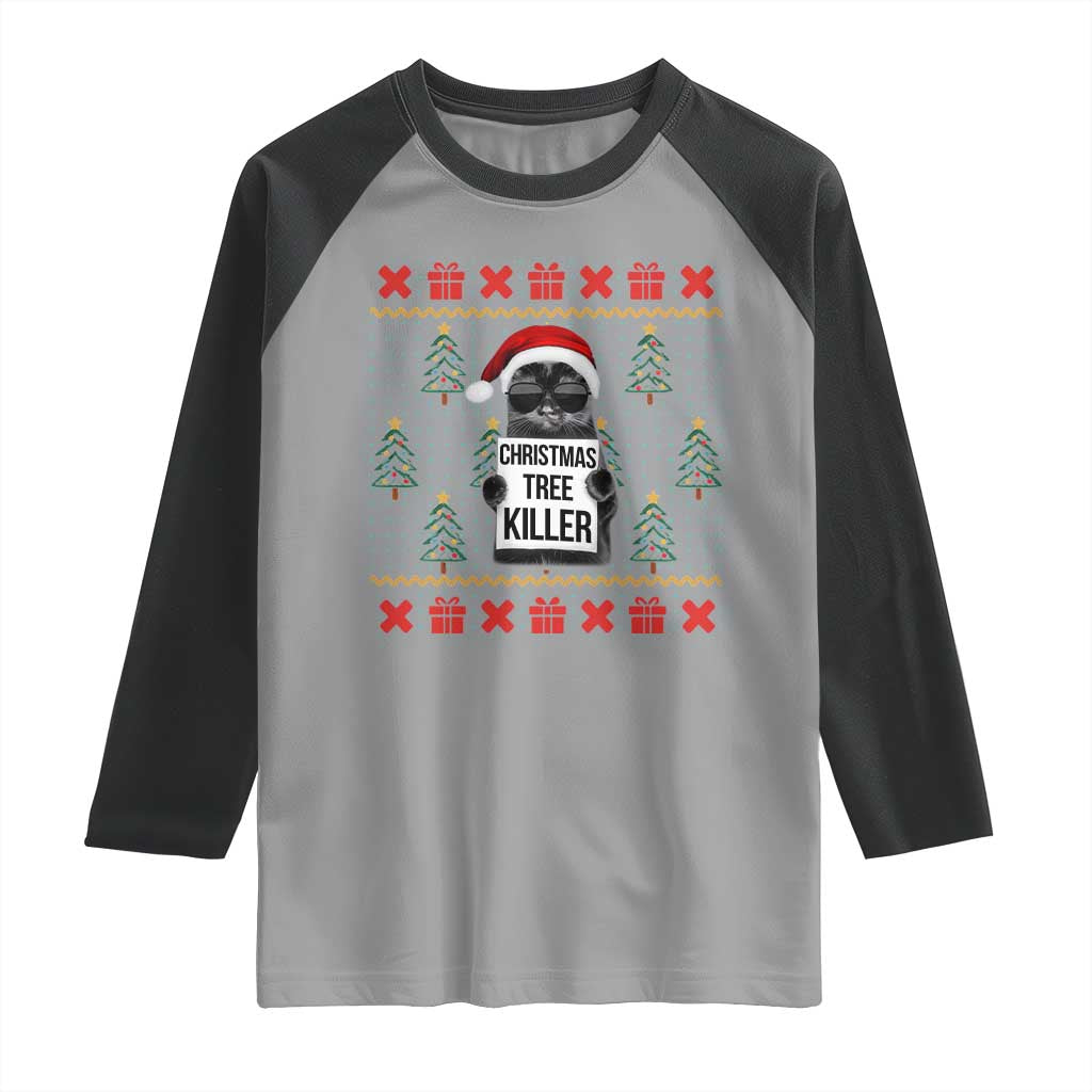 Funny Xmas Black Cat Raglan Shirt Christmas Tree Killer Santa Kitten - Wonder Print Shop