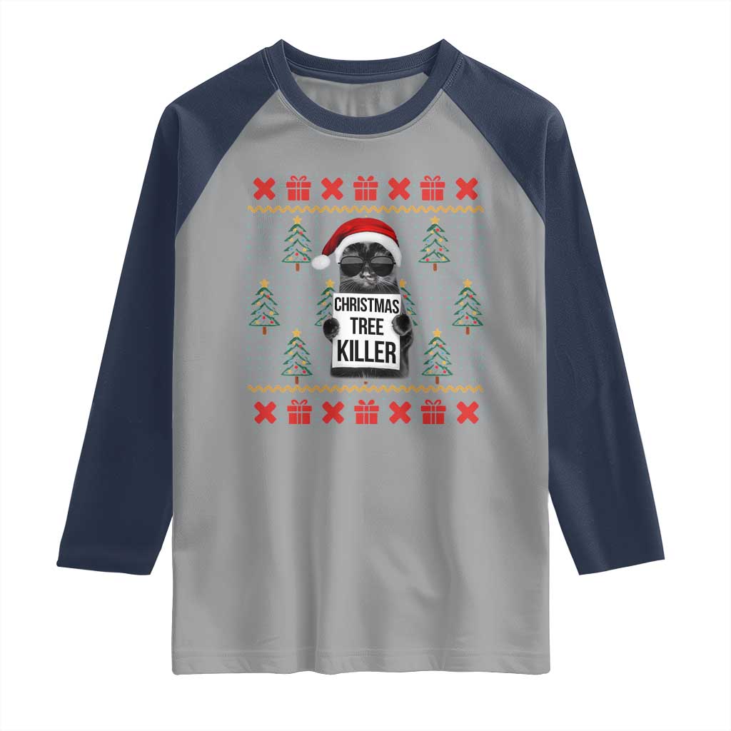 Funny Xmas Black Cat Raglan Shirt Christmas Tree Killer Santa Kitten - Wonder Print Shop
