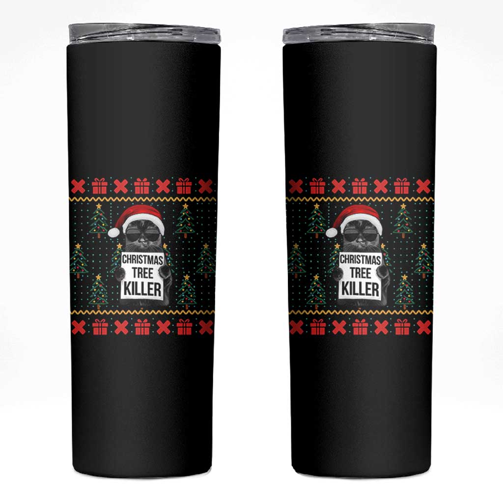 Funny Xmas Black Cat Skinny Tumbler Christmas Tree Killer Santa Kitten