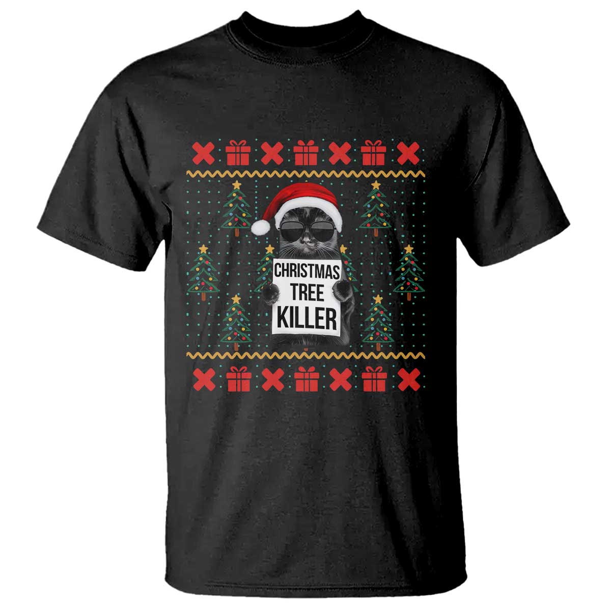 Funny Xmas Black Cat T Shirt Christmas Tree Killer Santa Kitten - Wonder Print Shop