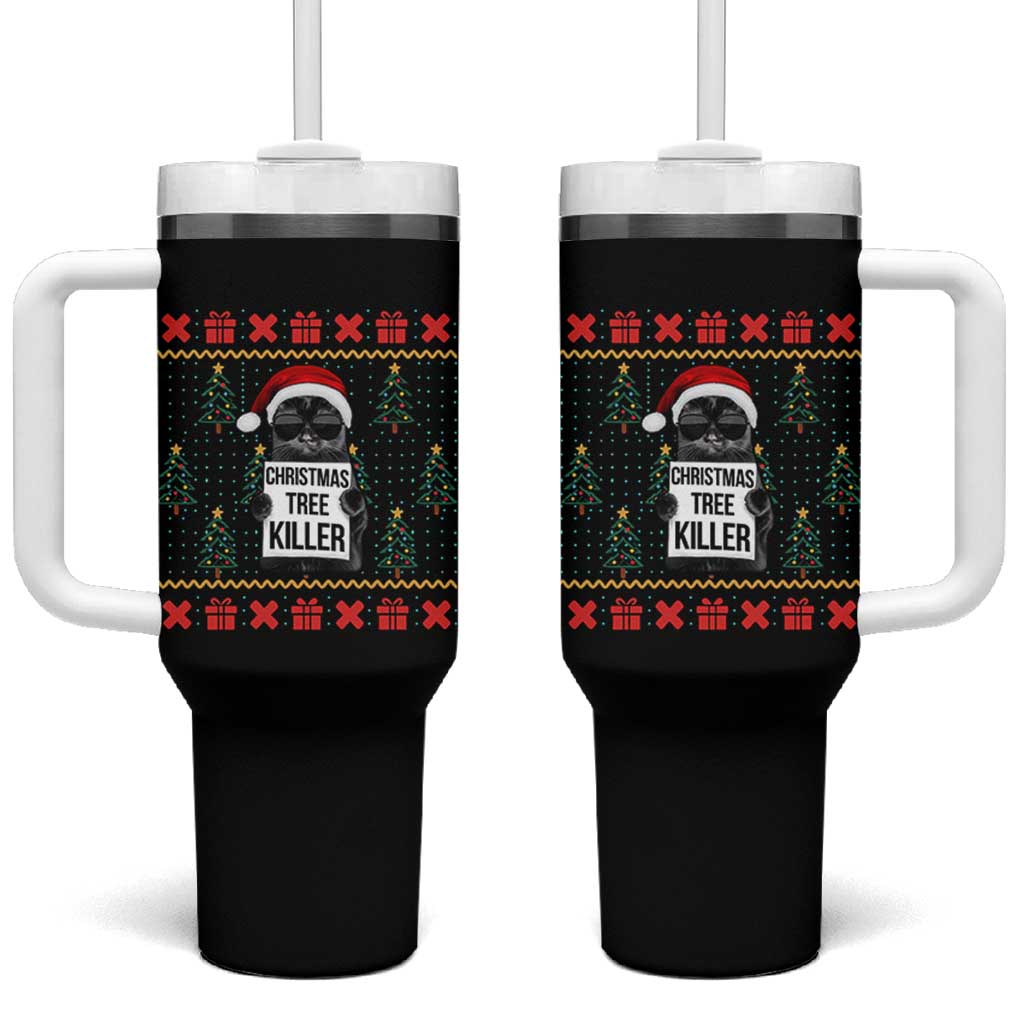 Funny Xmas Black Cat Tumbler With Handle Christmas Tree Killer Santa Kitten