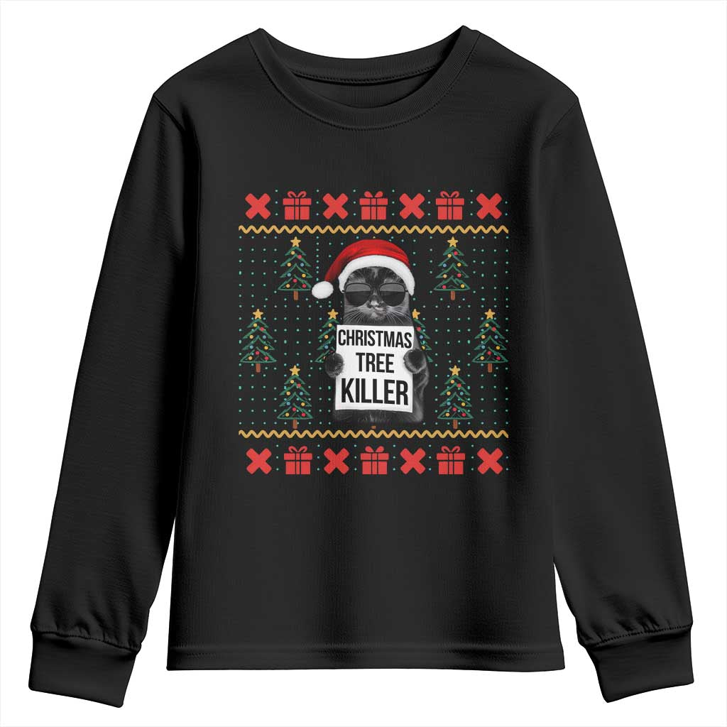 Funny Xmas Black Cat Youth Sweatshirt Christmas Tree Killer Santa Kitten - Wonder Print Shop