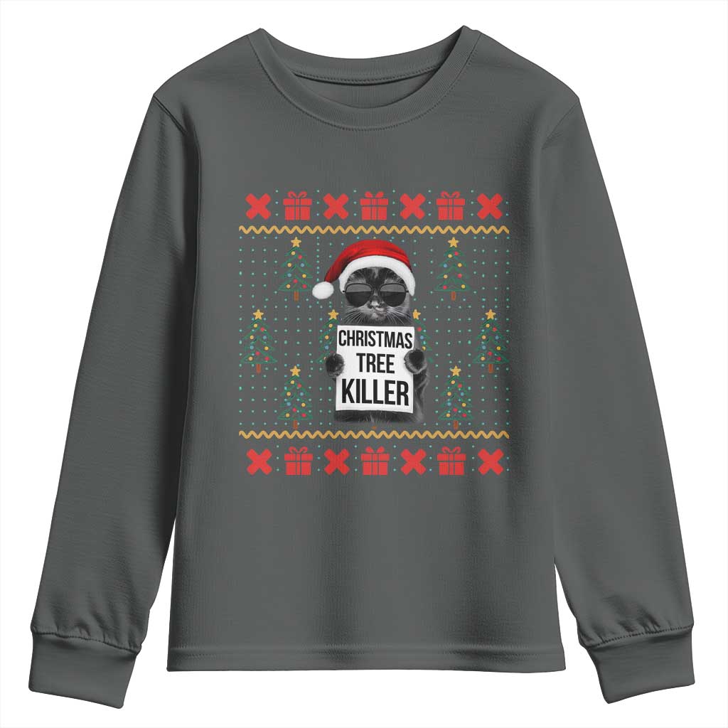 Funny Xmas Black Cat Youth Sweatshirt Christmas Tree Killer Santa Kitten - Wonder Print Shop