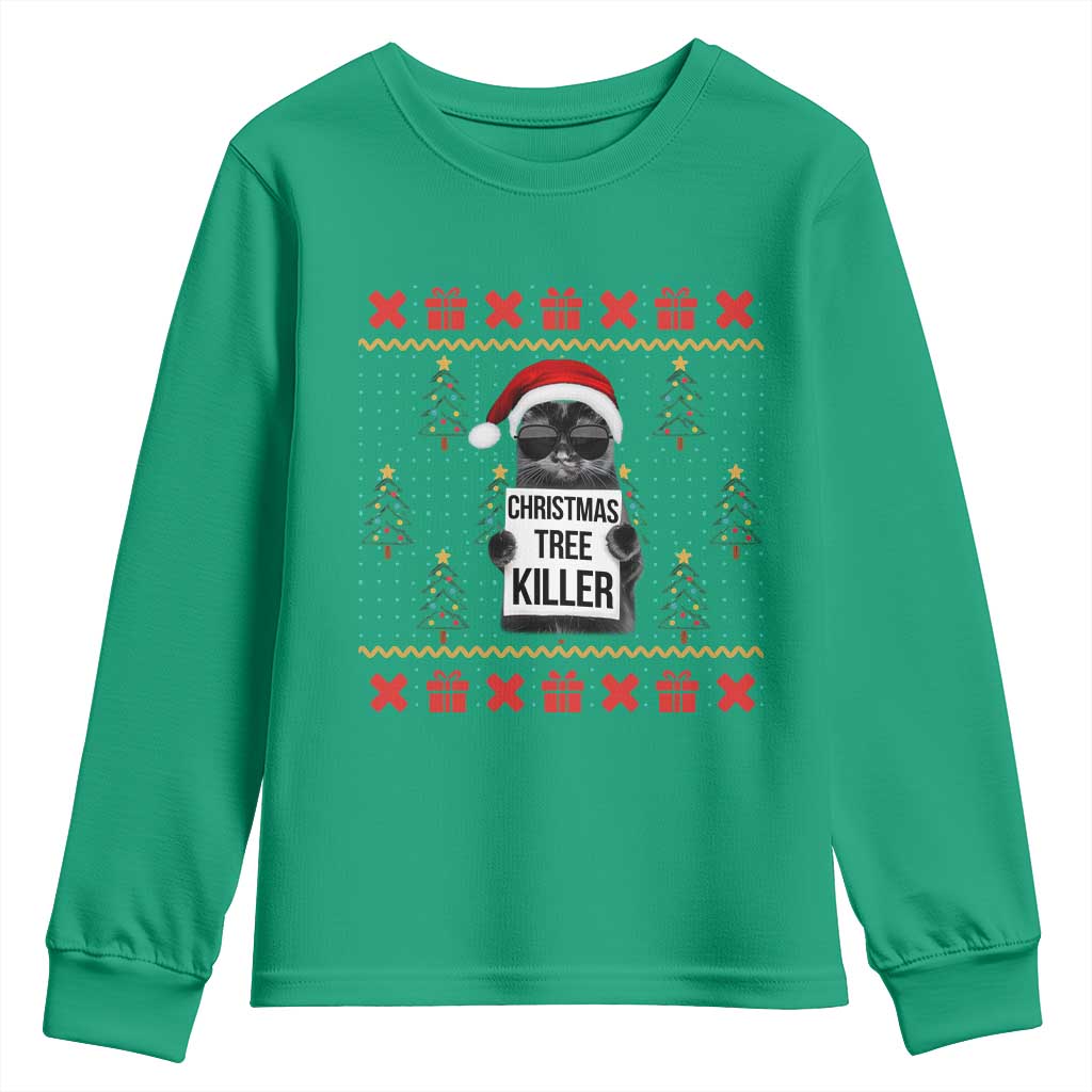 Funny Xmas Black Cat Youth Sweatshirt Christmas Tree Killer Santa Kitten - Wonder Print Shop