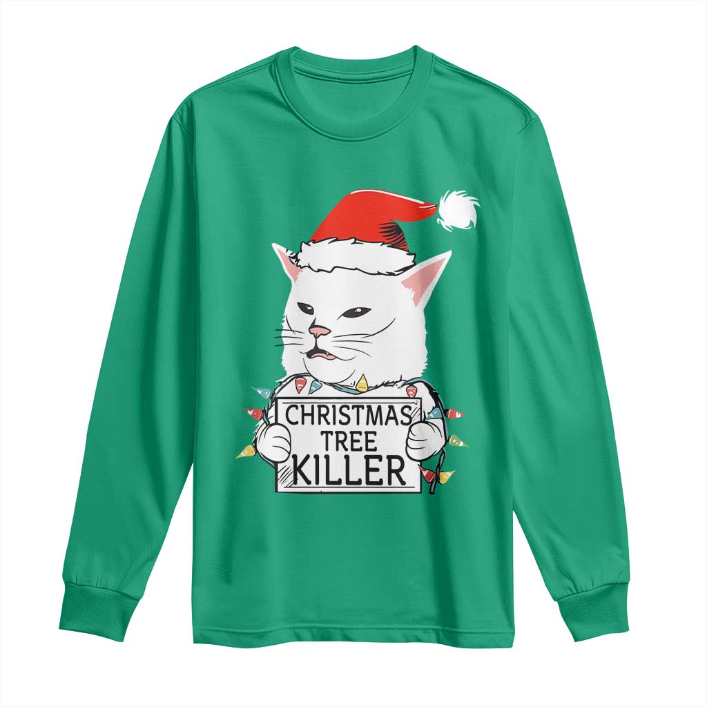 Funny Xmas Grumpy Cat Long Sleeve Shirt Christmas Tree Killer Santa Kitten - Wonder Print Shop