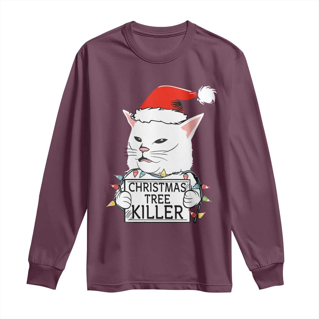 Funny Xmas Grumpy Cat Long Sleeve Shirt Christmas Tree Killer Santa Kitten - Wonder Print Shop