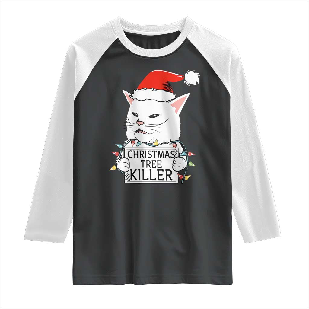 Funny Xmas Grumpy Cat Raglan Shirt Christmas Tree Killer Santa Kitten - Wonder Print Shop