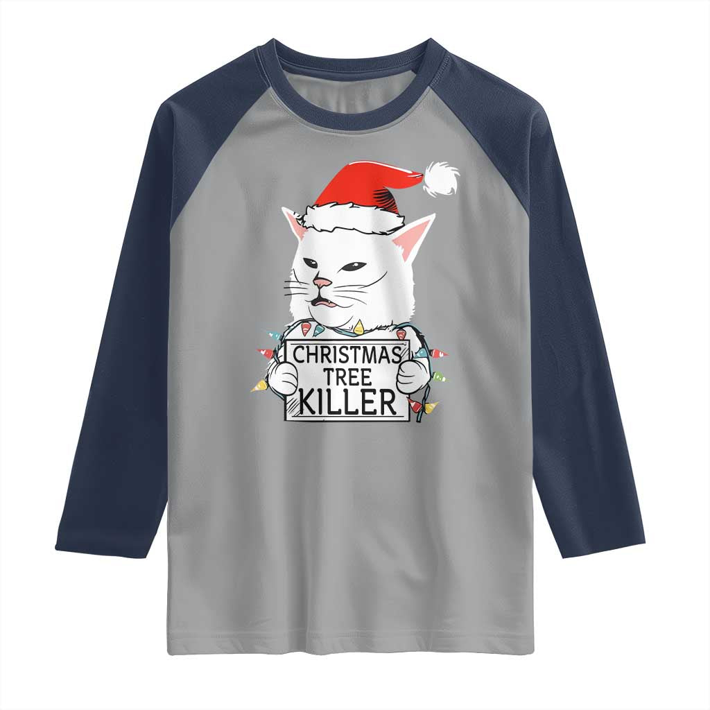 Funny Xmas Grumpy Cat Raglan Shirt Christmas Tree Killer Santa Kitten - Wonder Print Shop