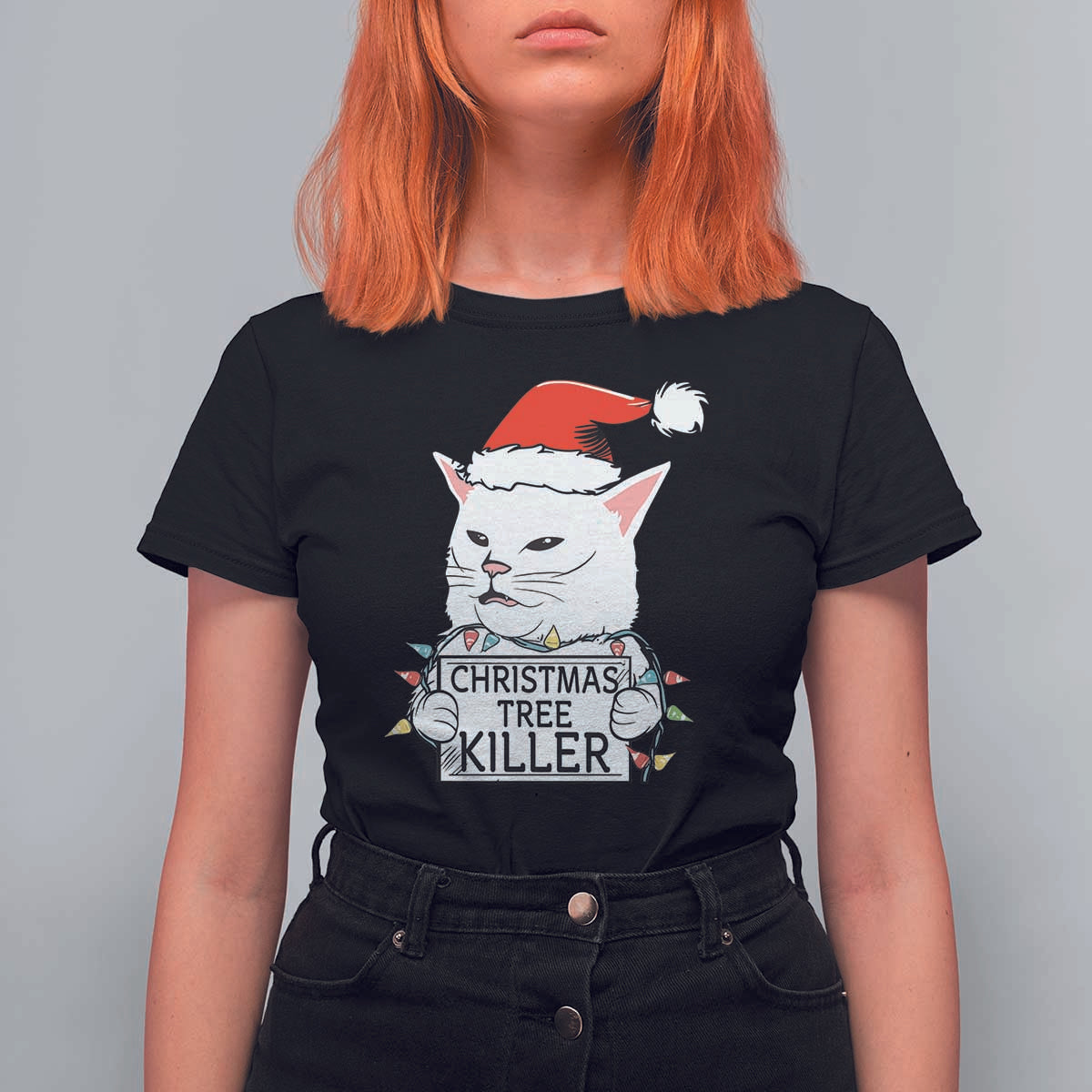 Funny Xmas Grumpy Cat T Shirt For Women Christmas Tree Killer Santa Kitten - Wonder Print Shop