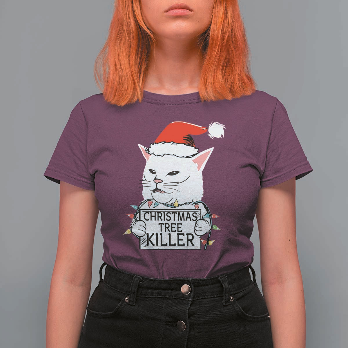 Funny Xmas Grumpy Cat T Shirt For Women Christmas Tree Killer Santa Kitten - Wonder Print Shop