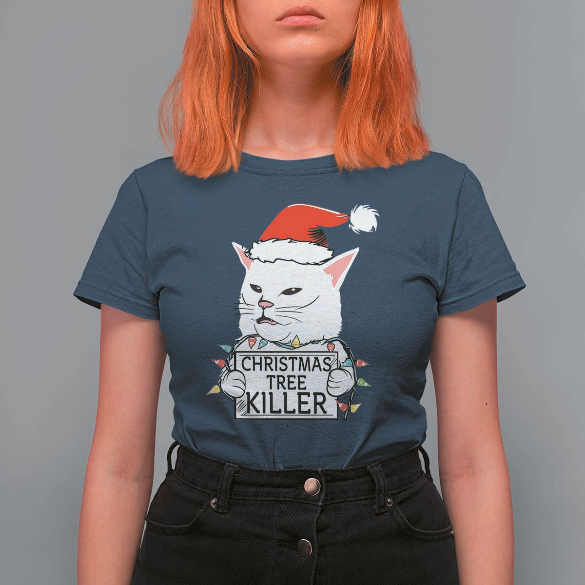 Funny Xmas Grumpy Cat T Shirt For Women Christmas Tree Killer Santa Kitten - Wonder Print Shop