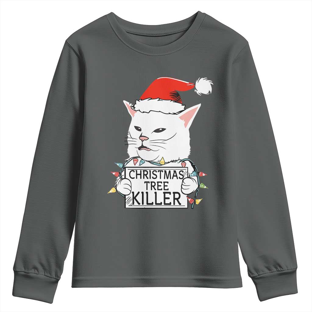 Funny Xmas Grumpy Cat Youth Sweatshirt Christmas Tree Killer Santa Kitten - Wonder Print Shop
