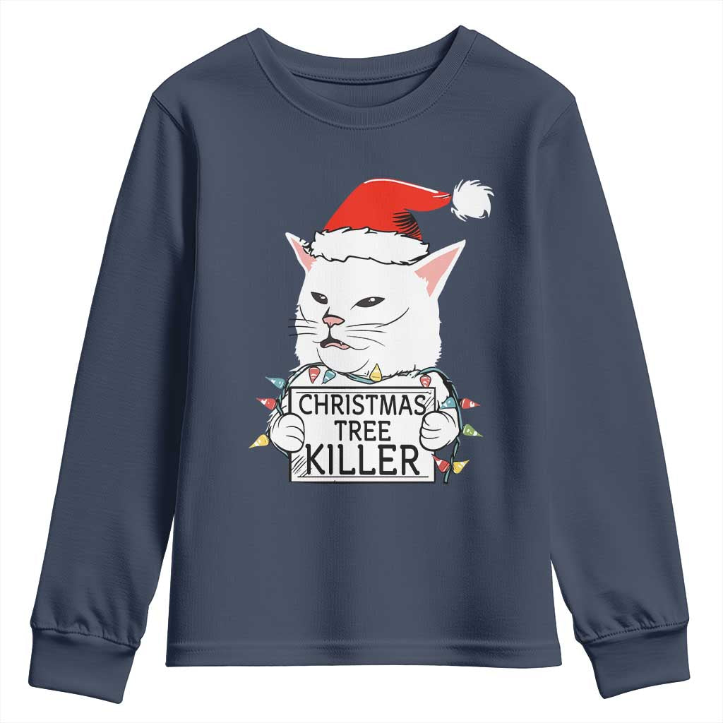 Funny Xmas Grumpy Cat Youth Sweatshirt Christmas Tree Killer Santa Kitten - Wonder Print Shop