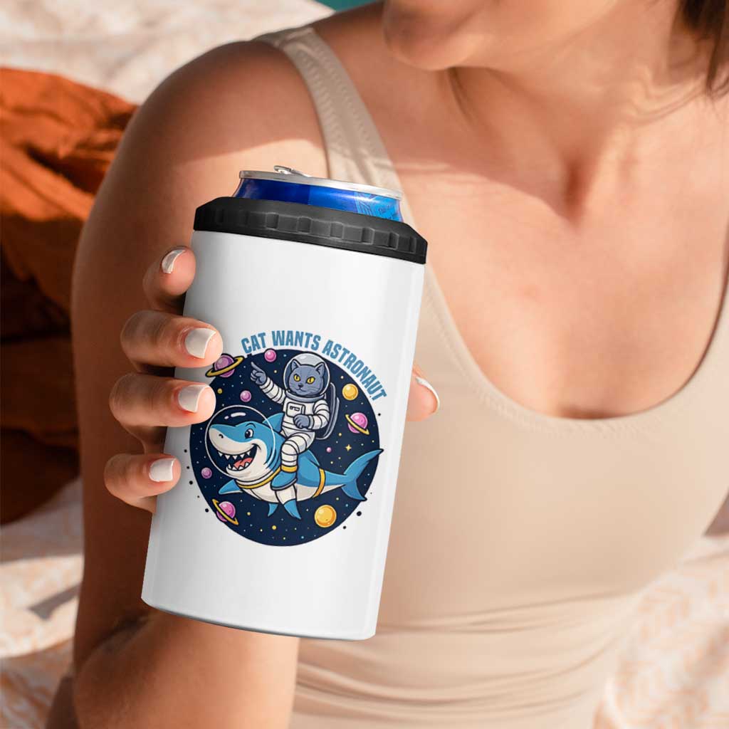 Funny Space Cat Wants Astronaut 4 in 1 Can Cooler Tumbler Sharks Sci fi Fan Universe