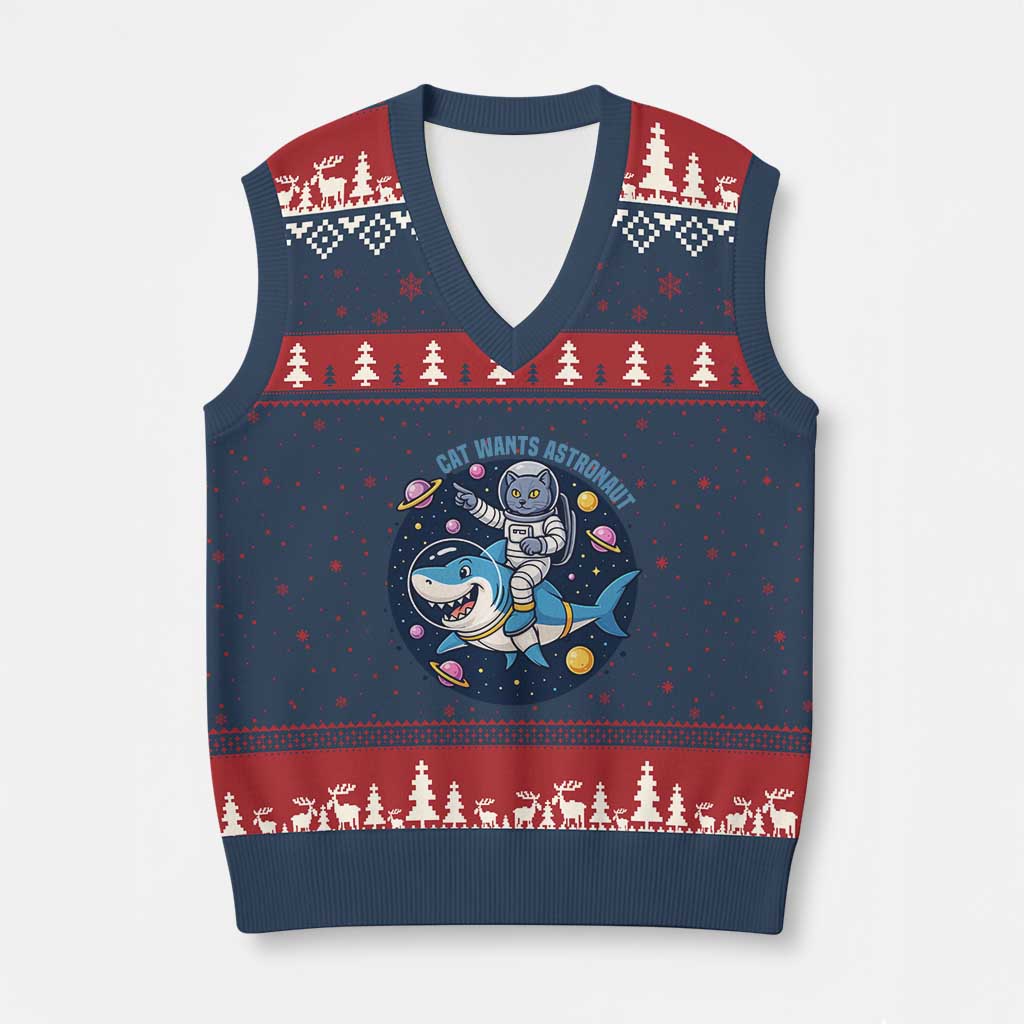 Funny Space Cat Wants Astronaut V-Neck Knit Sweater Vest Sharks Sci fi Fan Universe - Wonder Print Shop
