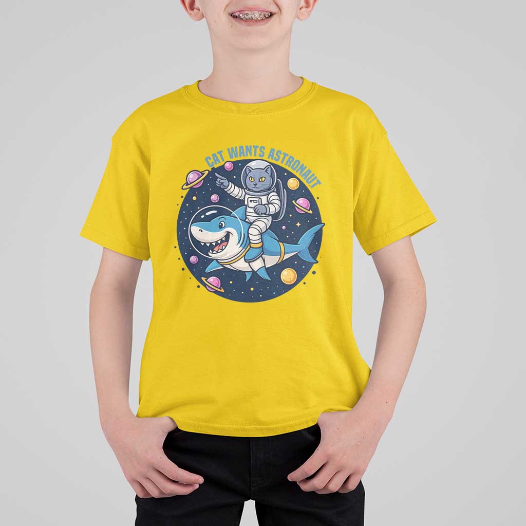 Funny Space Cat Wants Astronaut T Shirt For Kid Sharks Sci fi Fan Universe - Wonder Print Shop