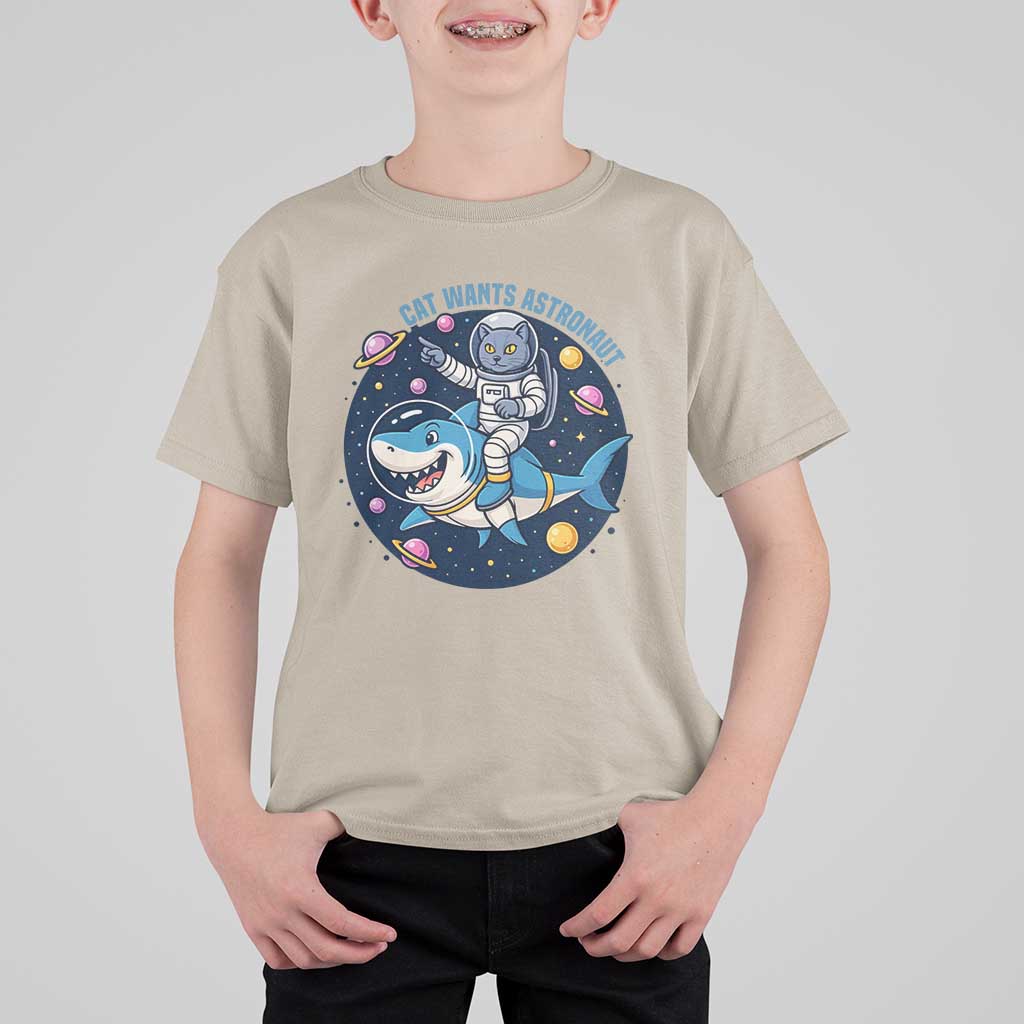 Funny Space Cat Wants Astronaut T Shirt For Kid Sharks Sci fi Fan Universe - Wonder Print Shop