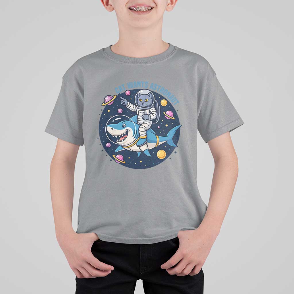 Funny Space Cat Wants Astronaut T Shirt For Kid Sharks Sci fi Fan Universe - Wonder Print Shop