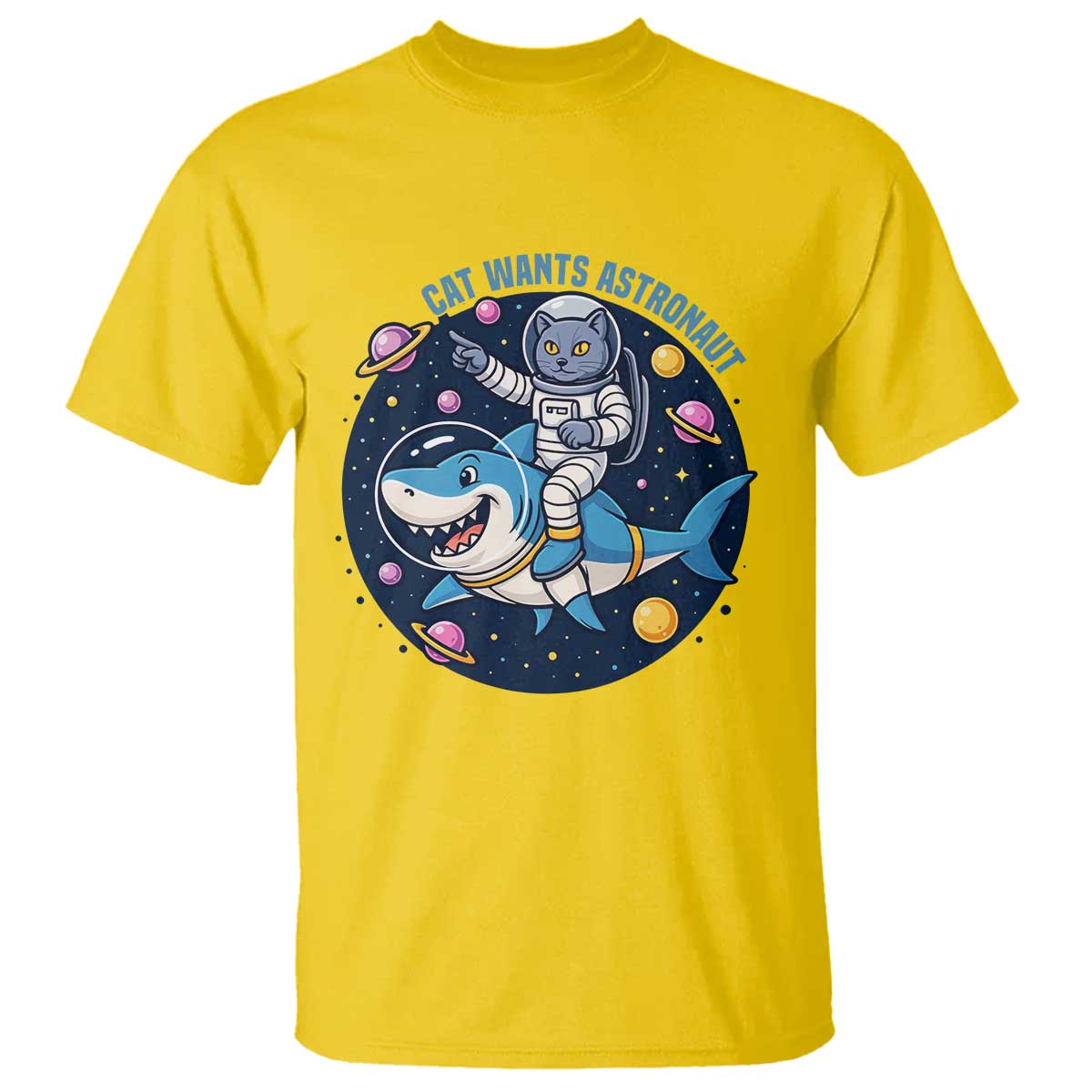 Funny Space Cat Wants Astronaut T Shirt Sharks Sci fi Fan Universe - Wonder Print Shop