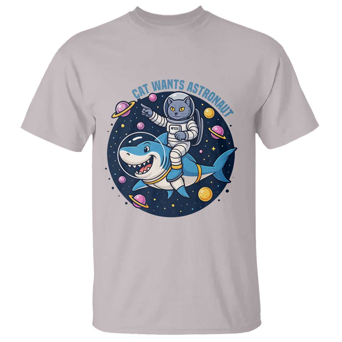 Funny Space Cat Wants Astronaut T Shirt Sharks Sci fi Fan Universe - Wonder Print Shop
