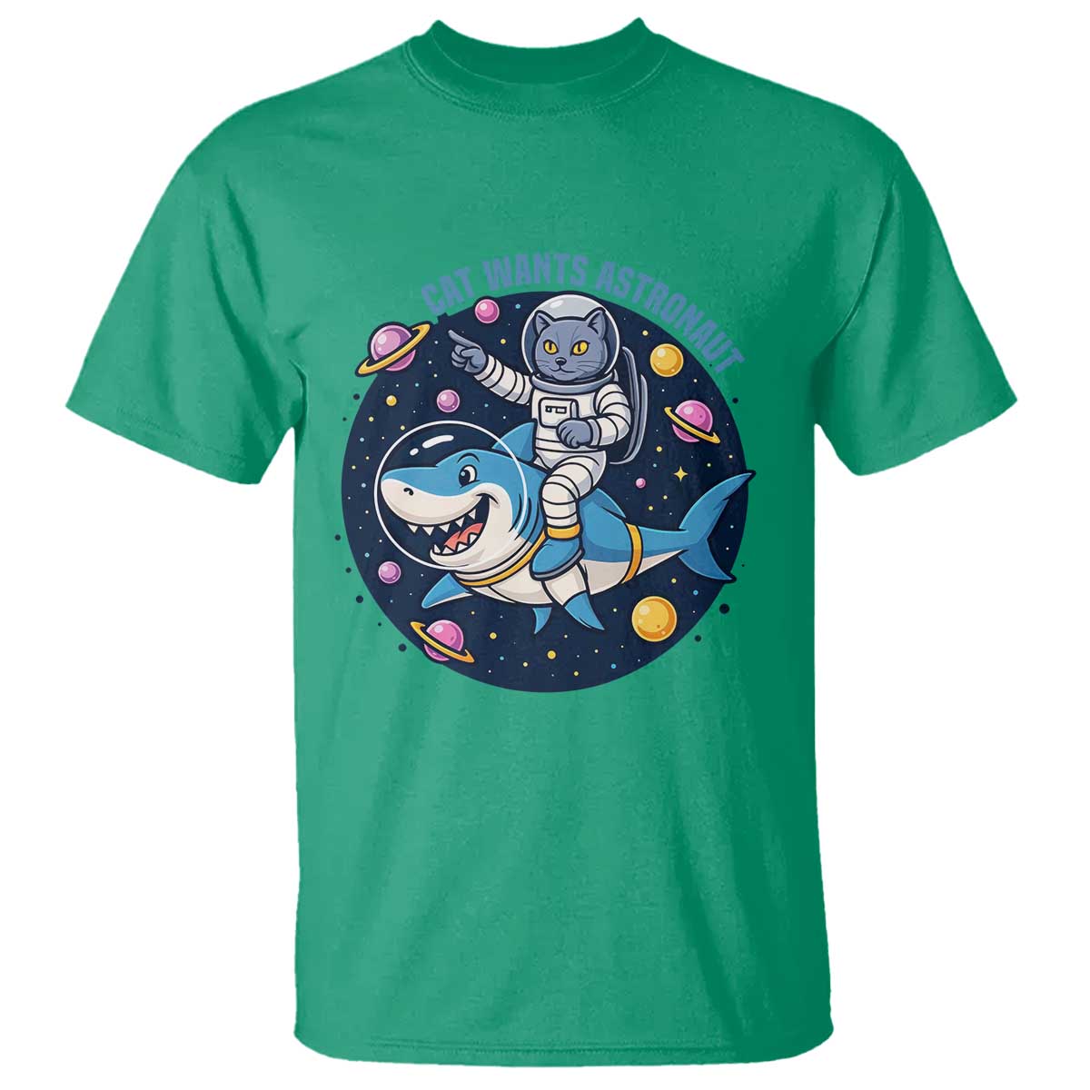 Funny Space Cat Wants Astronaut T Shirt Sharks Sci fi Fan Universe - Wonder Print Shop