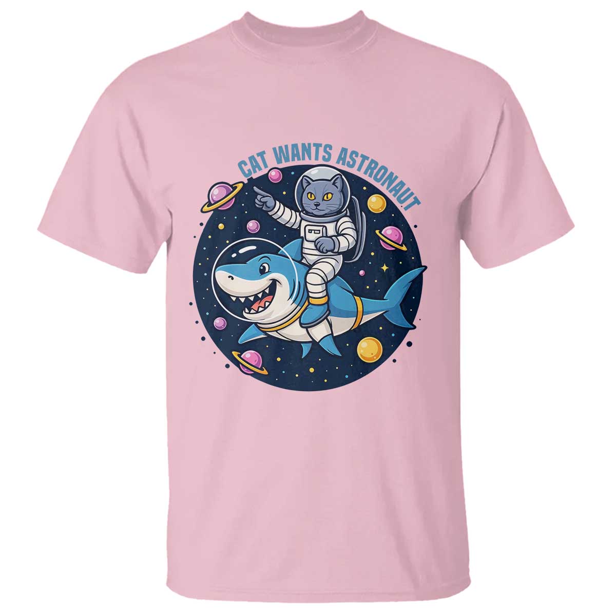 Funny Space Cat Wants Astronaut T Shirt Sharks Sci fi Fan Universe - Wonder Print Shop