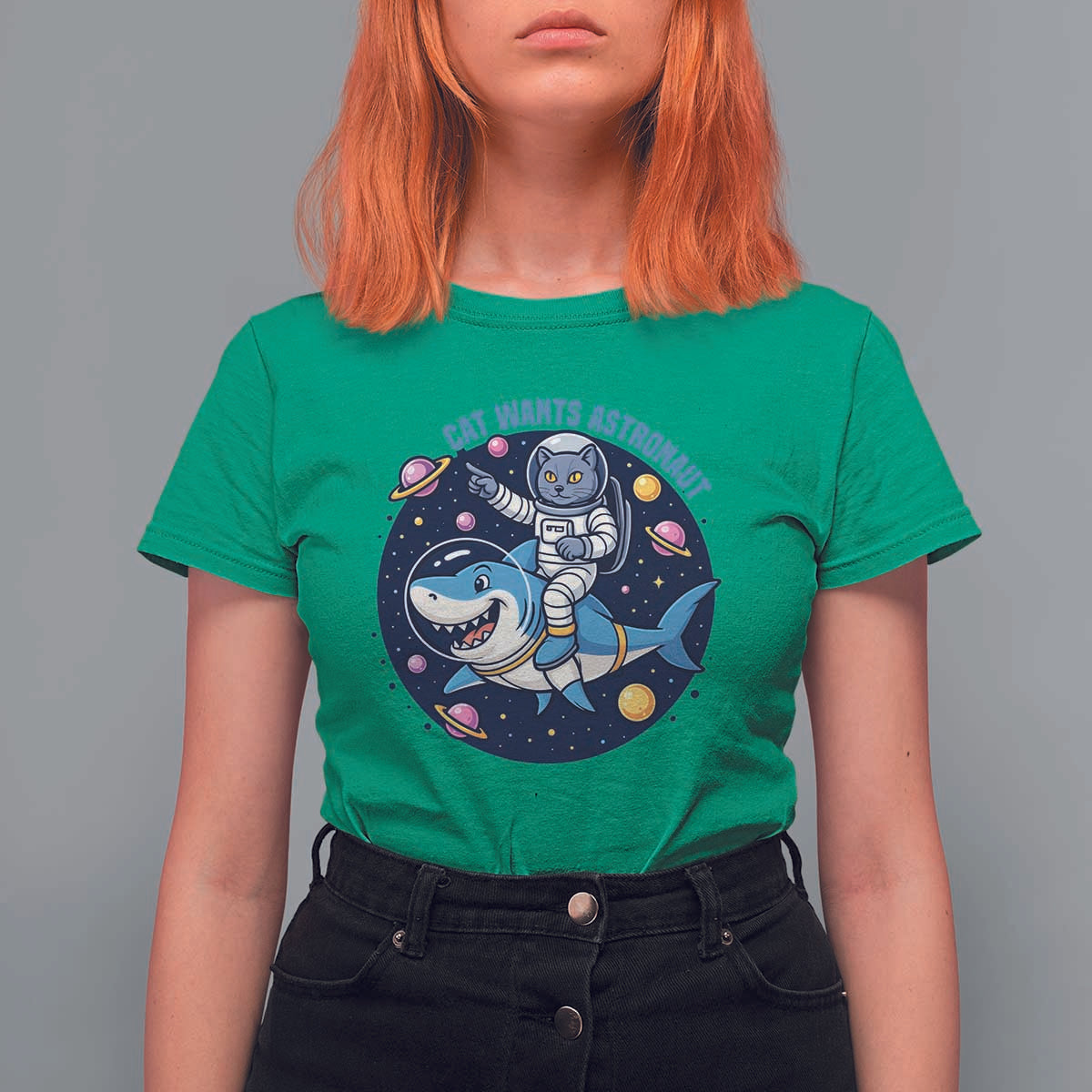 Funny Space Cat Wants Astronaut T Shirt For Women Sharks Sci fi Fan Universe - Wonder Print Shop