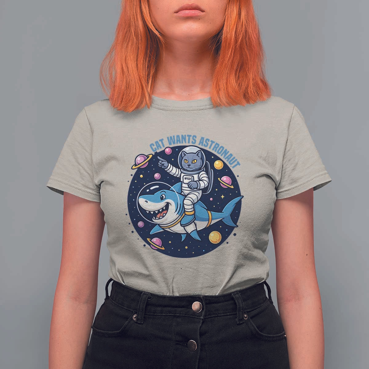 Funny Space Cat Wants Astronaut T Shirt For Women Sharks Sci fi Fan Universe - Wonder Print Shop