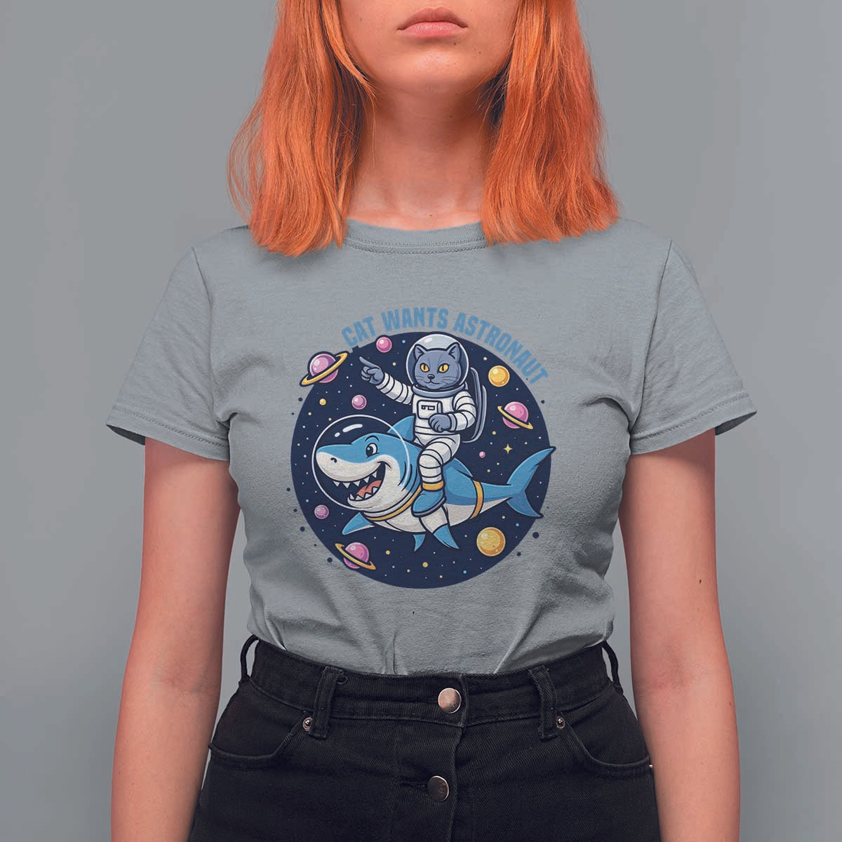 Funny Space Cat Wants Astronaut T Shirt For Women Sharks Sci fi Fan Universe - Wonder Print Shop