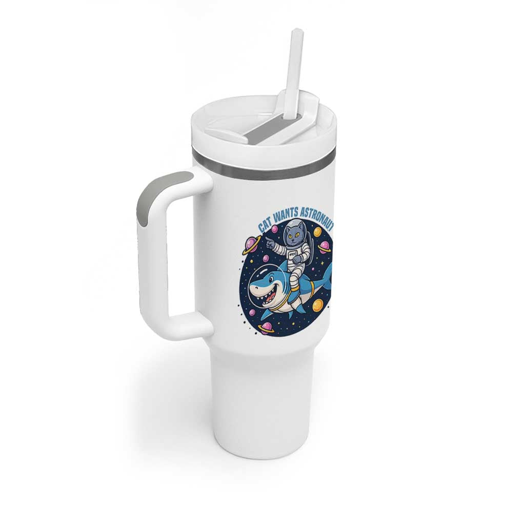 Funny Space Cat Wants Astronaut Tumbler With Handle Sharks Sci fi Fan Universe