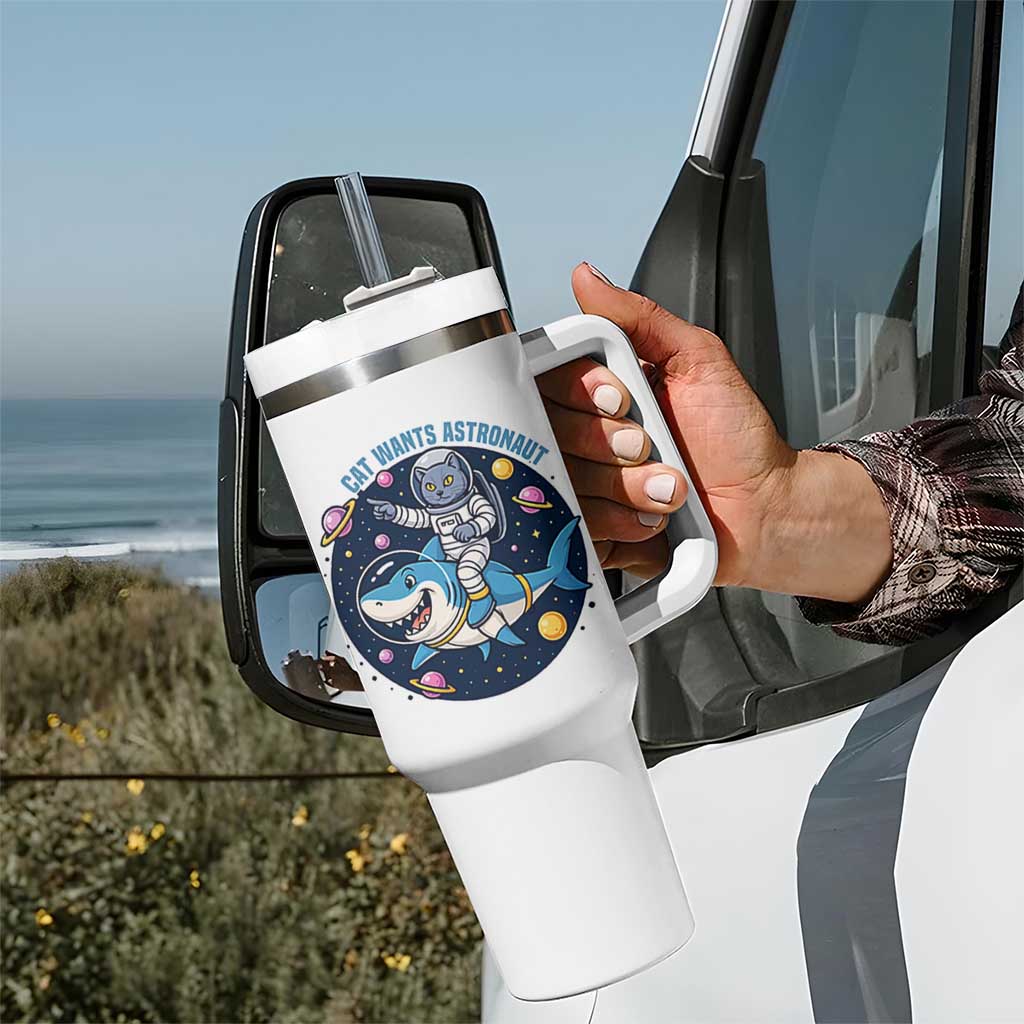Funny Space Cat Wants Astronaut Tumbler With Handle Sharks Sci fi Fan Universe