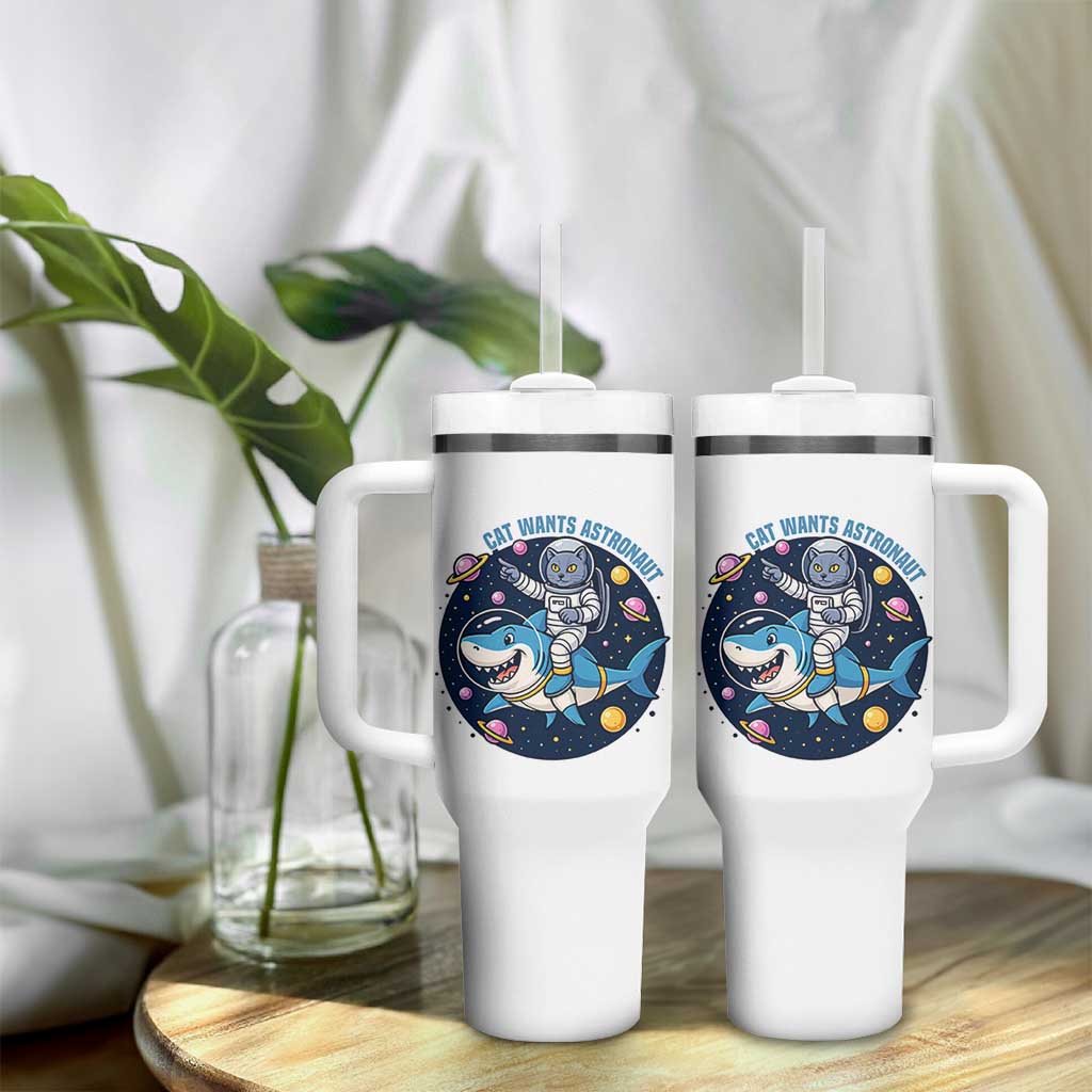 Funny Space Cat Wants Astronaut Tumbler With Handle Sharks Sci fi Fan Universe