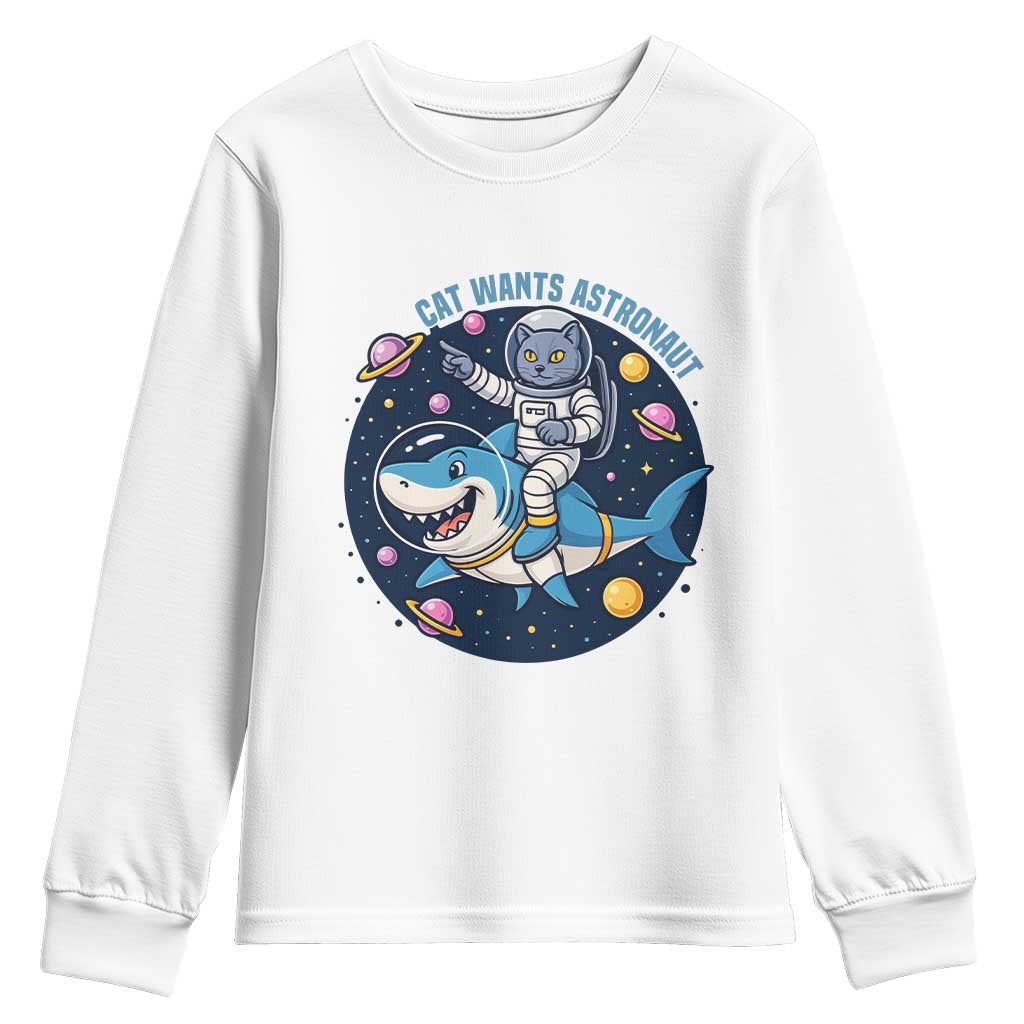Funny Space Cat Wants Astronaut Youth Sweatshirt Sharks Sci fi Fan Universe - Wonder Print Shop