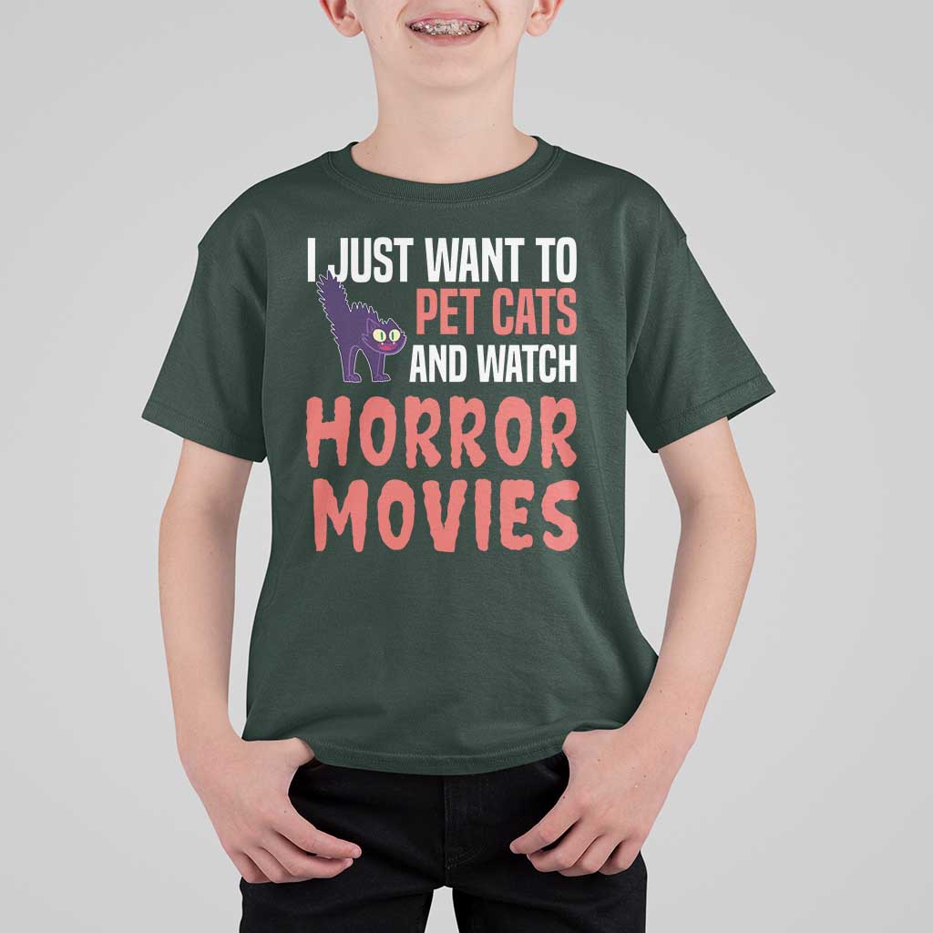 Funny Just Want To Pet Cats And Watch Horror Movies T Shirt For Kid - Wonder Print Shop