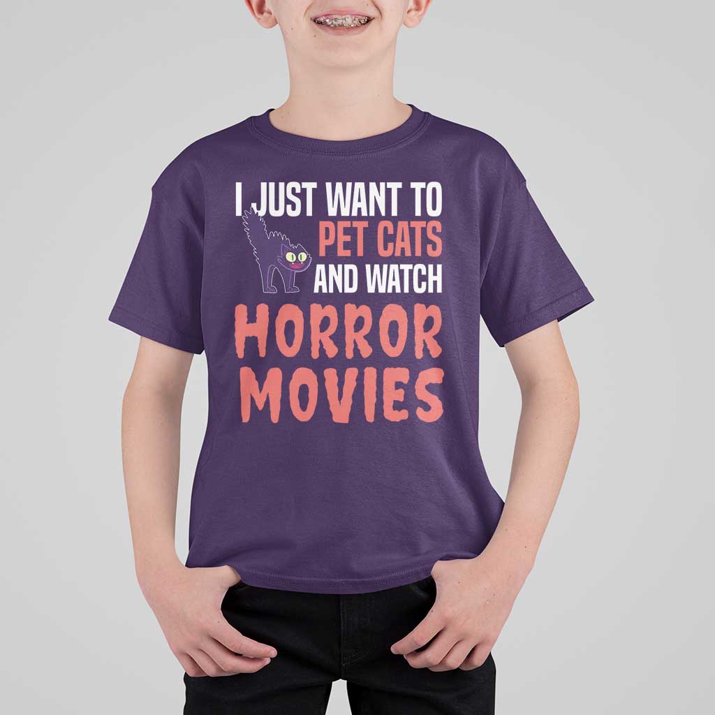 Funny Just Want To Pet Cats And Watch Horror Movies T Shirt For Kid - Wonder Print Shop