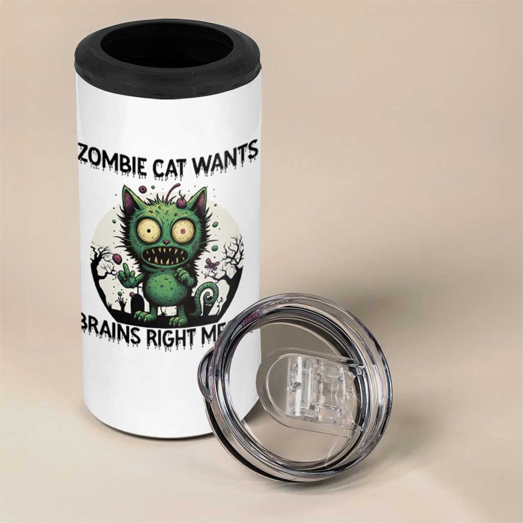 Funny Zombie Cat Wants Brains Right Meow 4 in 1 Can Cooler Tumbler Halloween Zombie Kitten
