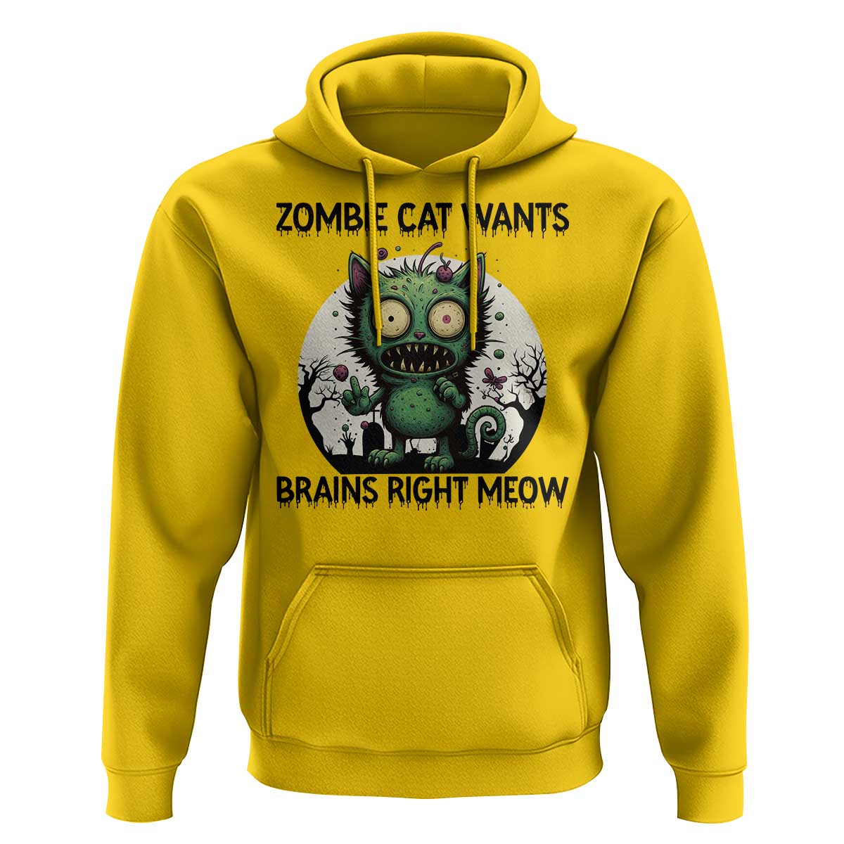 Funny Zombie Cat Wants Brains Right Meow Hoodie Halloween Zombie Kitten - Wonder Print Shop