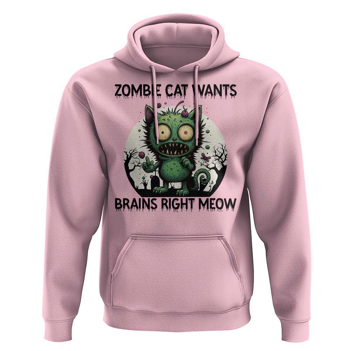 Funny Zombie Cat Wants Brains Right Meow Hoodie Halloween Zombie Kitten - Wonder Print Shop