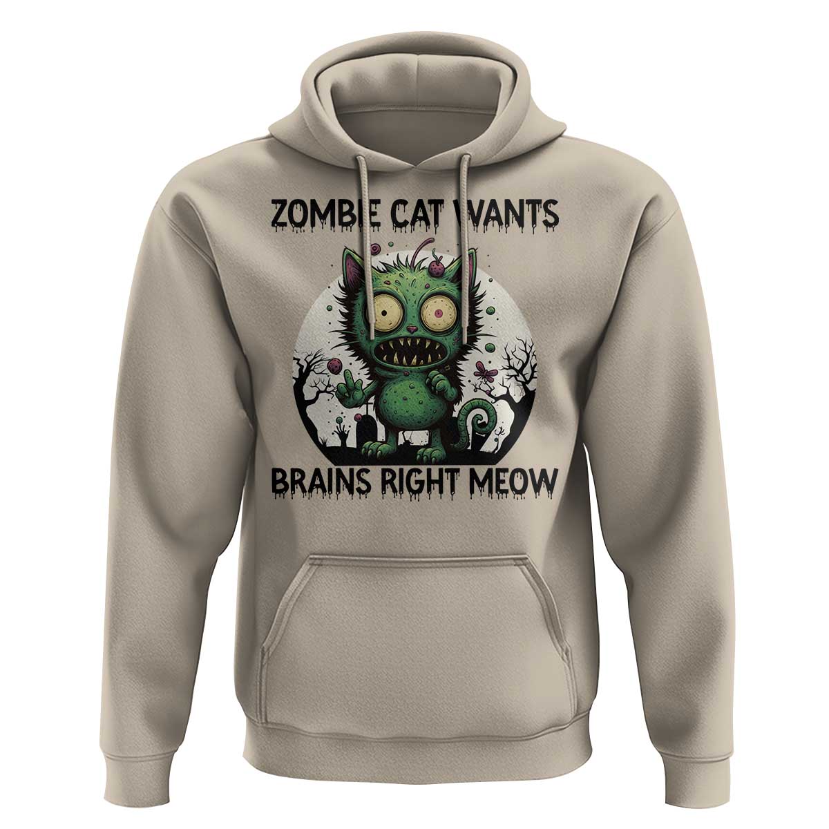Funny Zombie Cat Wants Brains Right Meow Hoodie Halloween Zombie Kitten - Wonder Print Shop