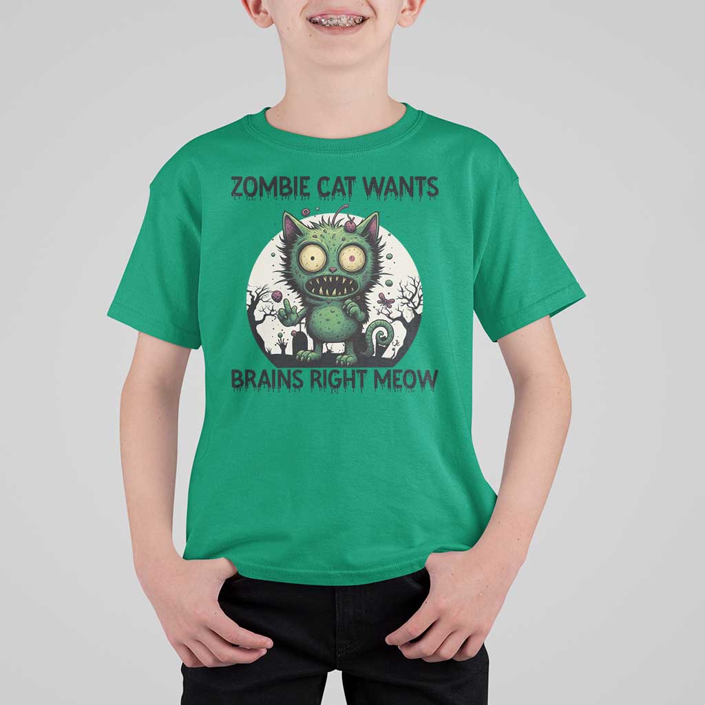 Funny Zombie Cat Wants Brains Right Meow T Shirt For Kid Halloween Zombie Kitten - Wonder Print Shop