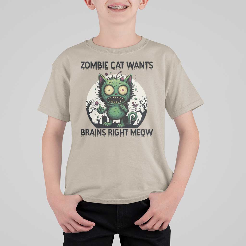 Funny Zombie Cat Wants Brains Right Meow T Shirt For Kid Halloween Zombie Kitten - Wonder Print Shop