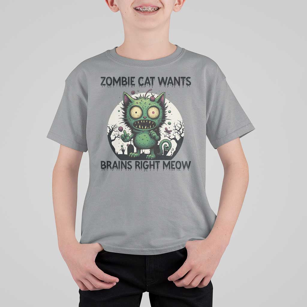 Funny Zombie Cat Wants Brains Right Meow T Shirt For Kid Halloween Zombie Kitten - Wonder Print Shop
