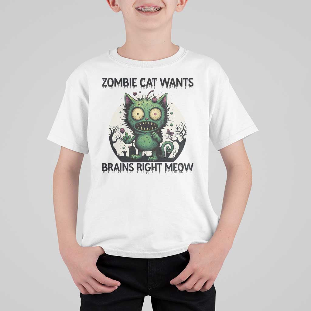 Funny Zombie Cat Wants Brains Right Meow T Shirt For Kid Halloween Zombie Kitten - Wonder Print Shop