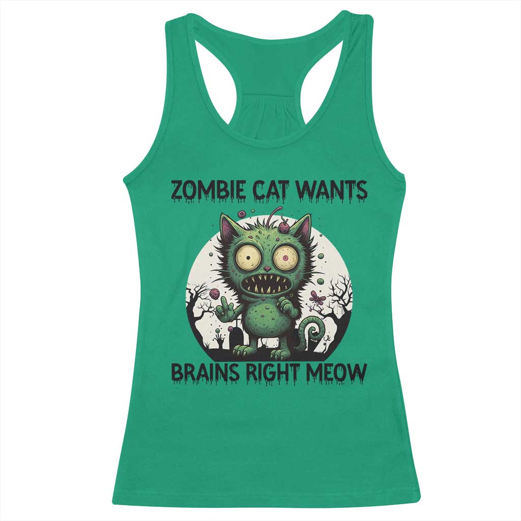 Funny Zombie Cat Wants Brains Right Meow Racerback Tank Top Halloween Zombie Kitten - Wonder Print Shop