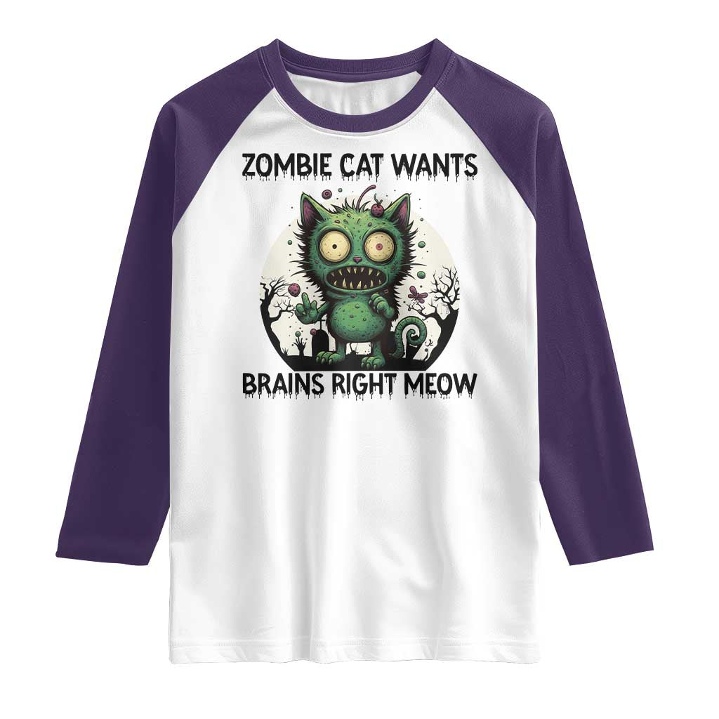 Funny Zombie Cat Wants Brains Right Meow Raglan Shirt Halloween Zombie Kitten - Wonder Print Shop